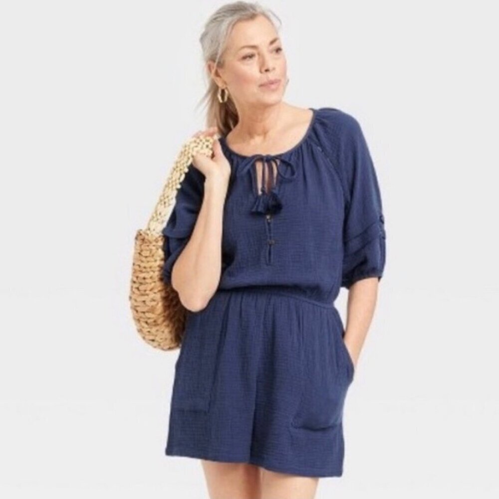 Knox Rose Navy Short Sleeve Romper with Tassel Tie